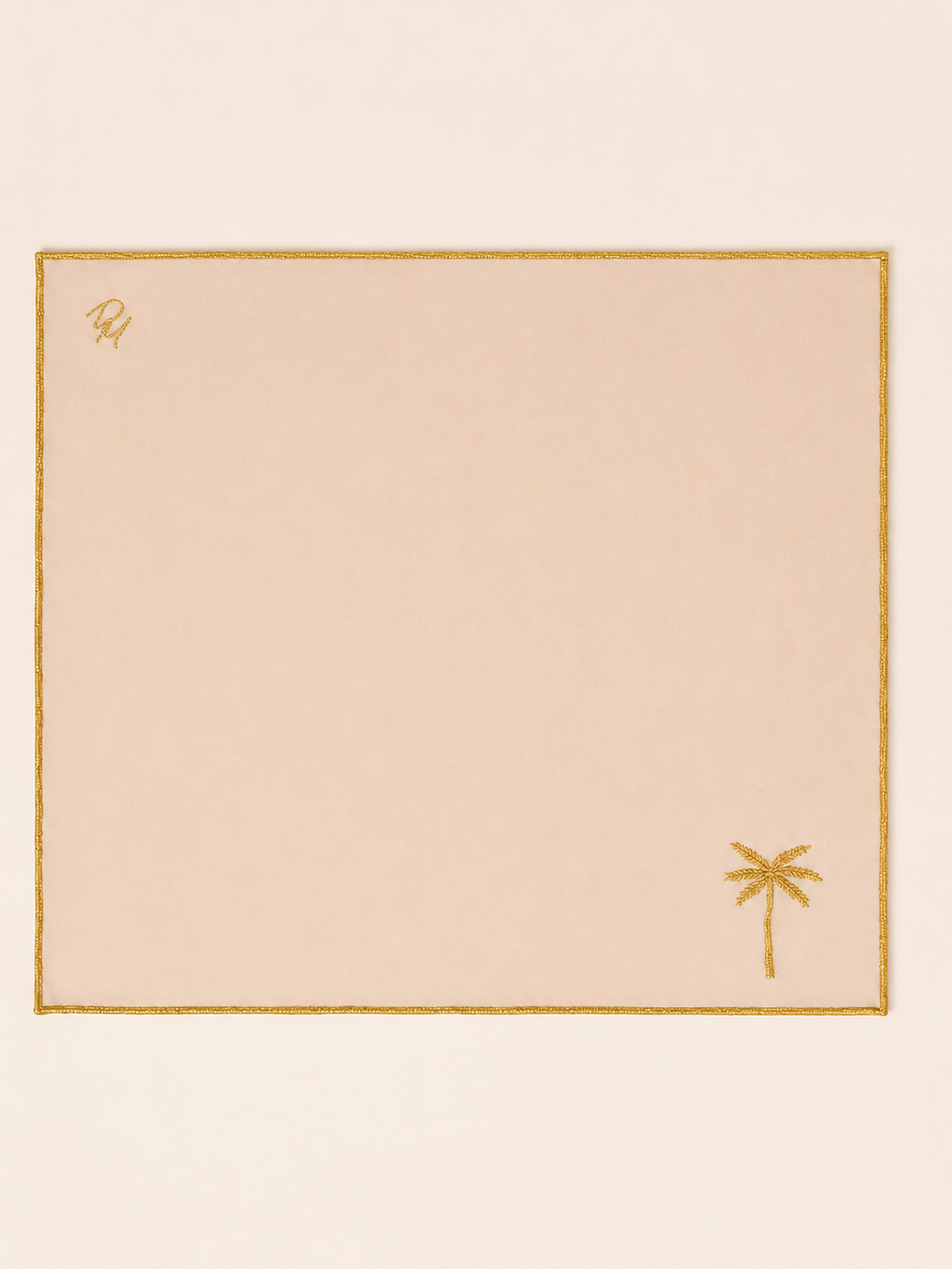 Aurora Scarf with gold border and palm tree design on a beige background